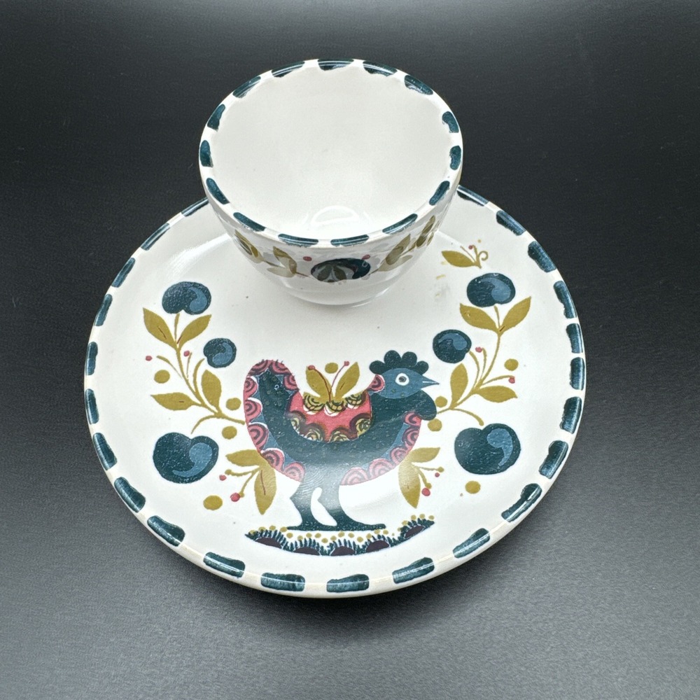 Vintage Egg Cup Dish Plate German Pottery Kocheler Topferei Rooster Olive